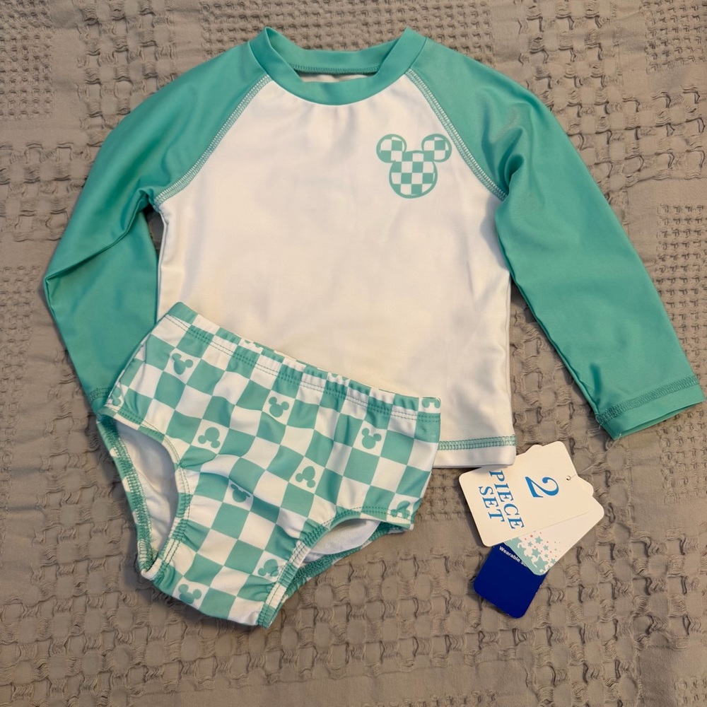 Disney Mint Green & White Two-Piece Rash Guard Swim Set